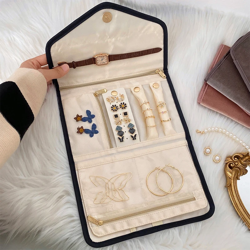 Foldable Roll Jewelry Case Travel Jewelry Organizer Portable for Journey Earrings Rings Diamond Necklaces Brooches Storage Bag