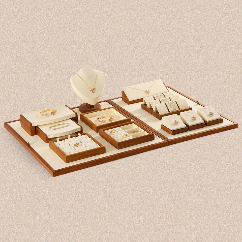 Wooden Jewelry Display Stand With Microfiber - Necklace Bracelet Ring Holder For Store Or Home Display, Beige