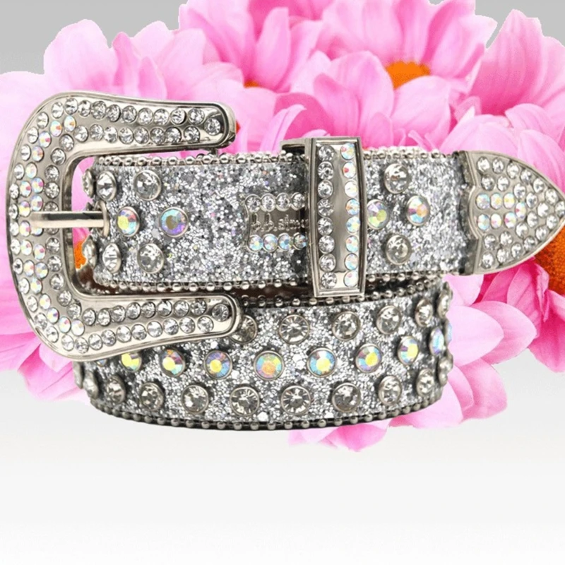 

Rhinestones Studded Western Leather Belt for Men Women Bling Diamond Waist Belts
