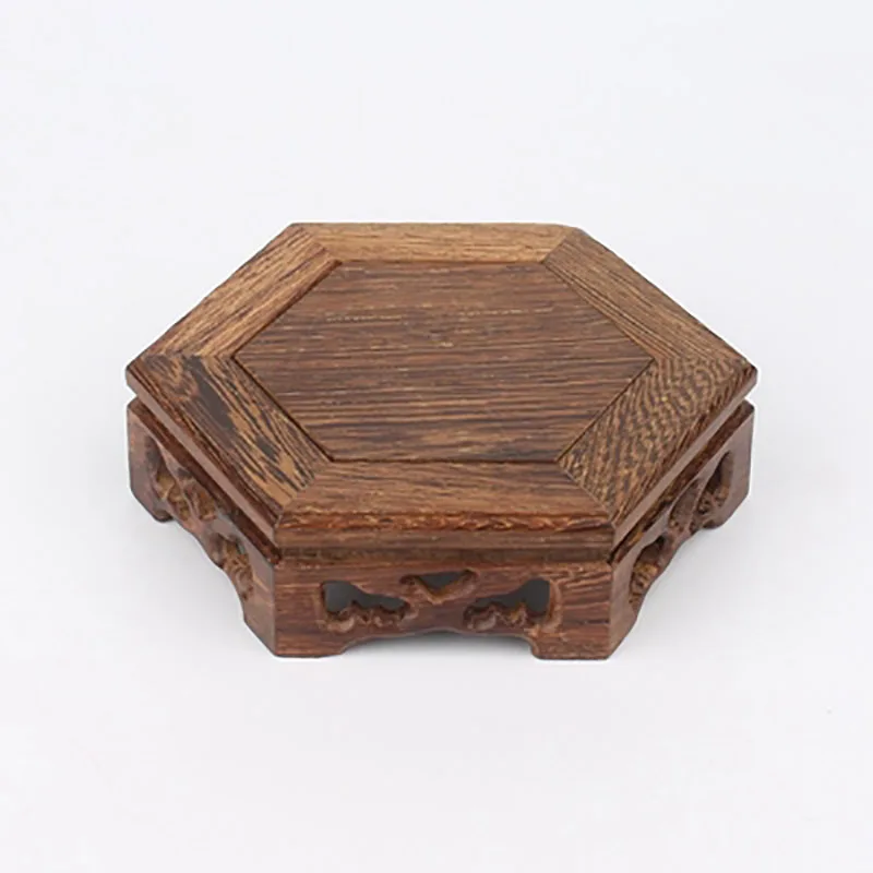 Wood Carving Hexagon Base, Vase, Teapot, Flower Vases, Crafts Decoration, Jade Stone Wooden Base