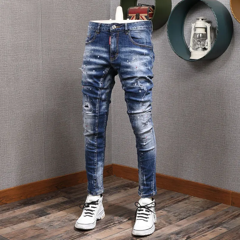 Fashion Designer Men Jeans Retro Washed Blue Elastic Stretch Skinny Fit Ripped jeans Men Spliced Vintage Trousers Hip Hop Pants