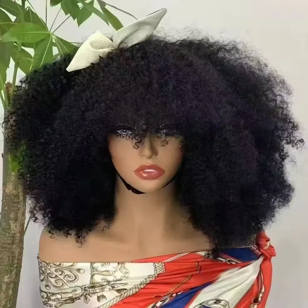 Mongolische Afro-Kinky-Curly-Echthaarperücken mit Pony, federnd, 300 % Dichte, brasilianische, kleberlose Bob-Perücken für Frauen, sofort tragbar – Detail 8