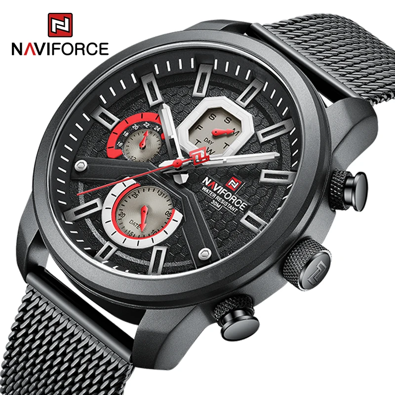 새로운 남성 시계 NAVIFORCE 인기 메쉬 스틸 스트랩 방수 시계, 석영 요일 및 날짜 표시 충격 방지 손목 시계 Reloj ...