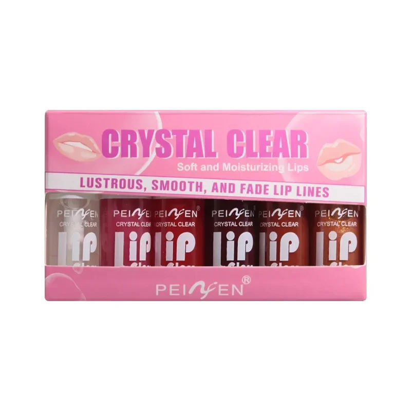 6pcs Crystal Clear Lip Gloss Set Moist Glass Mirror Light Makeup Lip Balm Not Sticky Cherry Peach Color Watery Lipgloss Kit