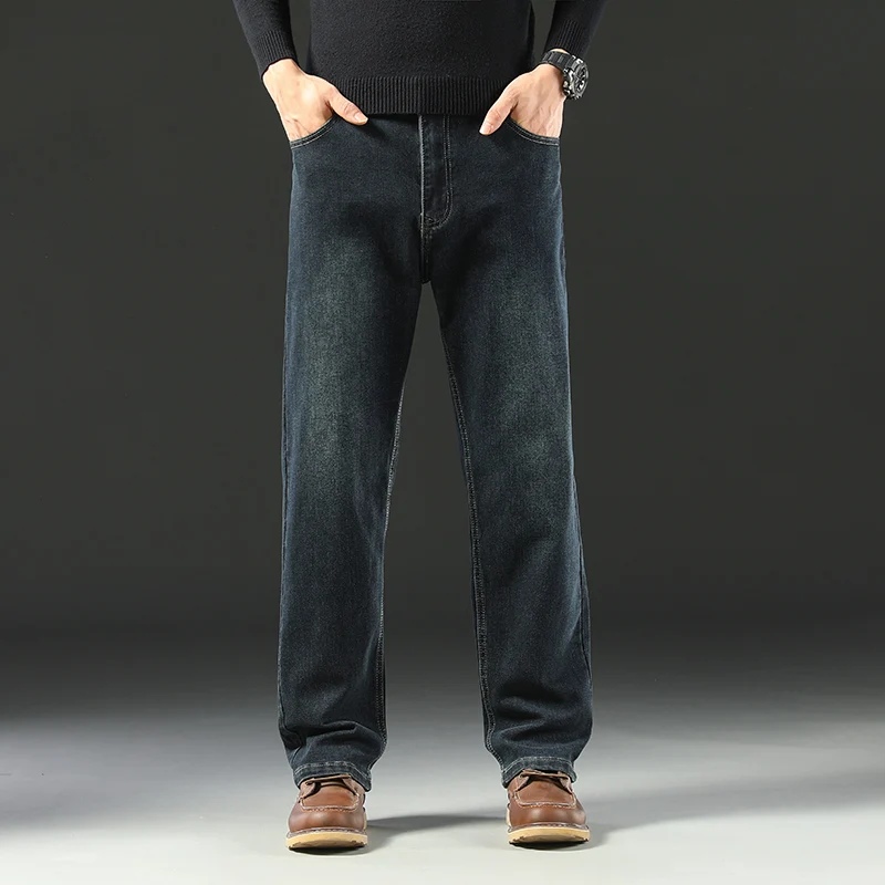 Classic Straight Men's Jeans Autumn Thick Business Casual Retro Washed Denim Pants High Quality Loose Comfort Trousers Gray Blue 2