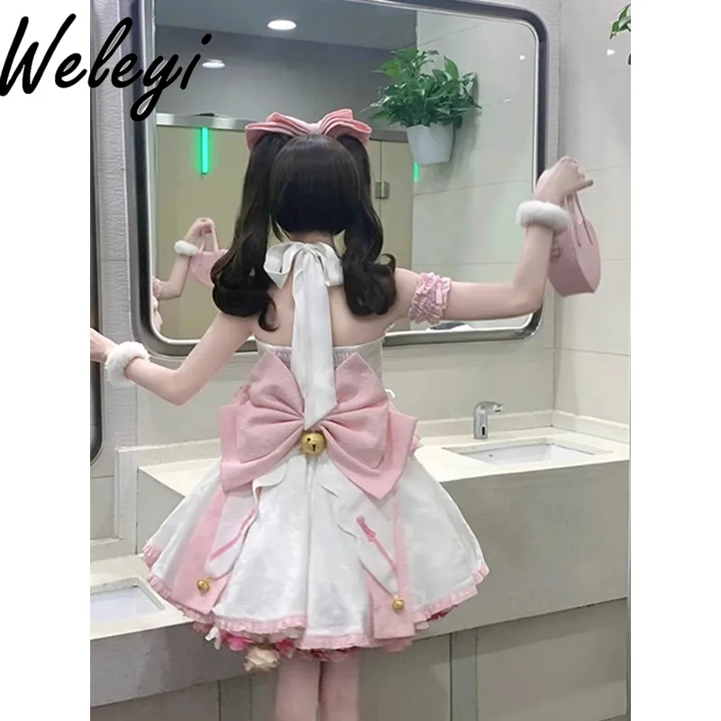 

Cute Bell Bow Lolita Dress Women Spring and Summer New Sweet Soft Girl Style Halter Lace Up Jacquard Weave Mini Princess Kleider