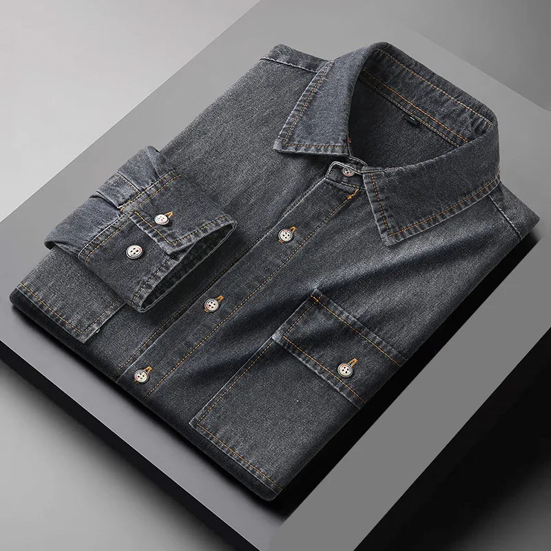 Autumn Cotton Denim Shirts Men Slim Fit Smart Casual Solid Color Long Sleeve Mens Jeans Shirt Fashion Male Shirt 2265 denim shirt long sleeved shirt