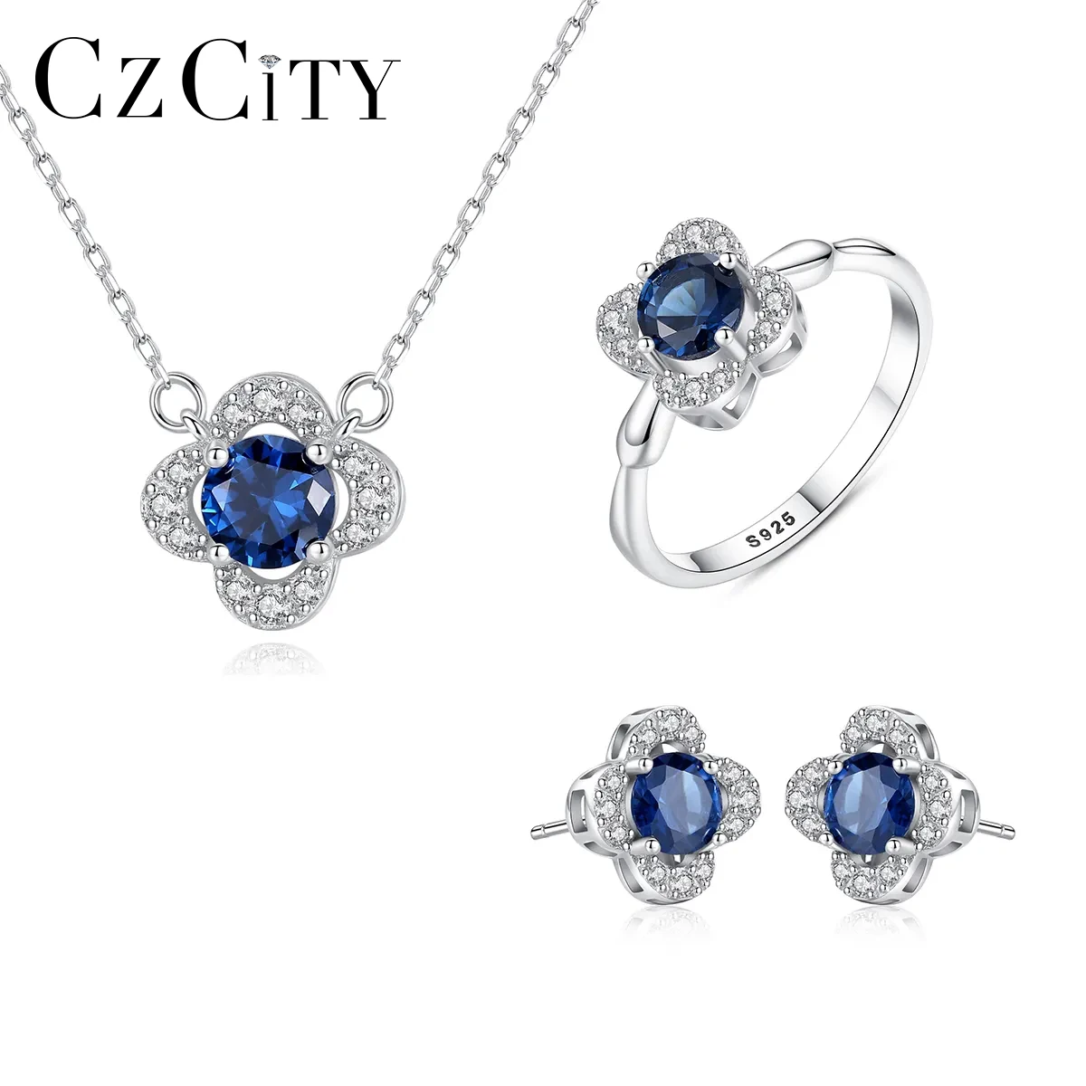 

CZCITY Snowflake Shape Blue Sapphire Gemstones S925 Sterling Silver Jewelry Set for Women Cubic Zirconia Wedding Bridal Jewelry