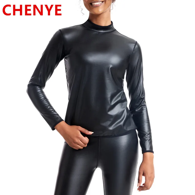 Body Shaper Waist Trainer Women Stand collar Leather Long Sleeves Shirt Motorcycle Biker Tops
