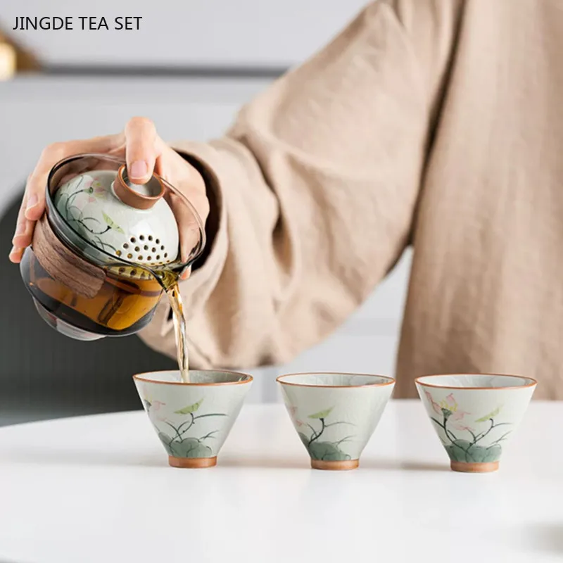Exquisite Hand-painted Lotus Tea Set Travel Cup Gaiwan Set Outdoor Portable A Pot of Three Cups Custom Tea Gift Storage Box