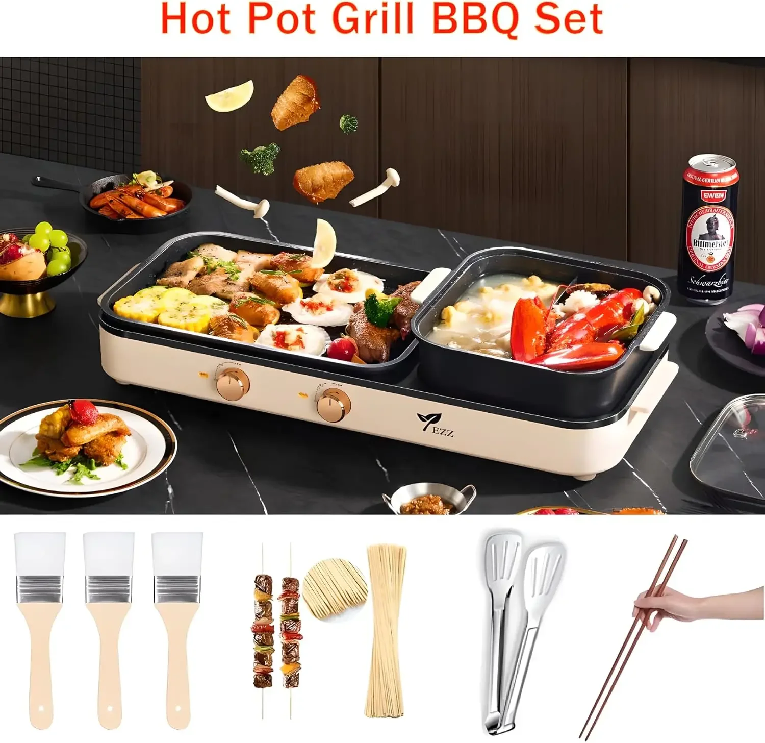 Hot Pot with Grill,Indoor Hot Pot 2 in 1 Multi-function Smokeless Shabu-Shabu Hotpot Korean BBQ Grill for Simmer,Separate Dual T 4