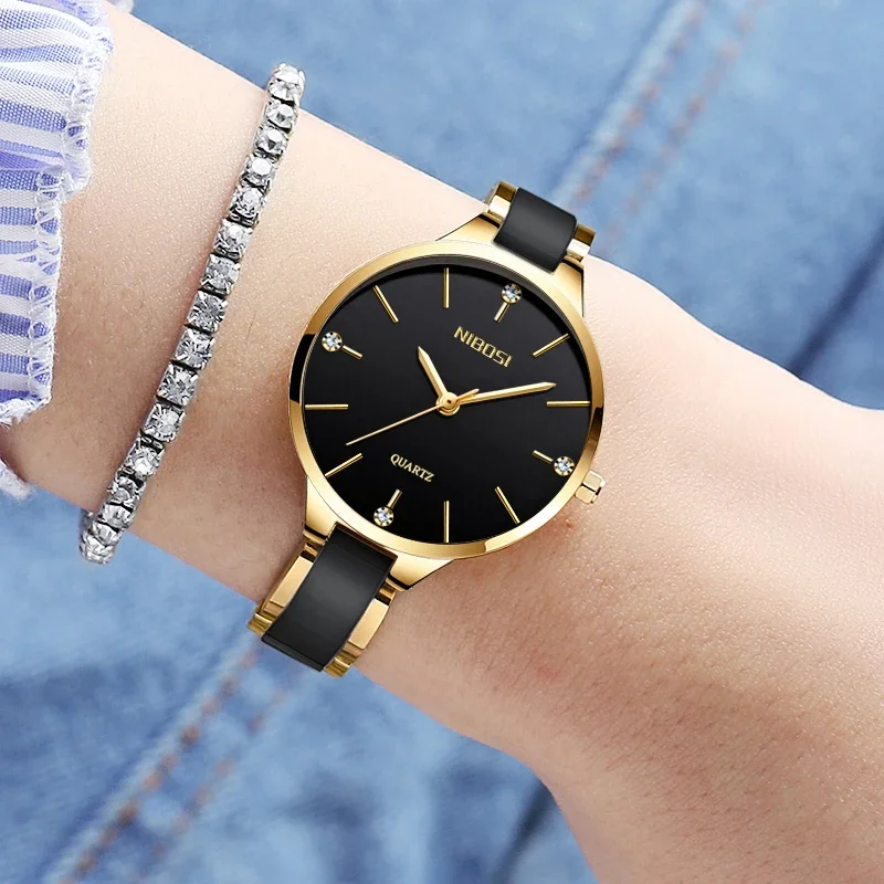 NIBOSI-Reloj de pulsera de cerámica para mujer, cronógrafo creativo, femenino