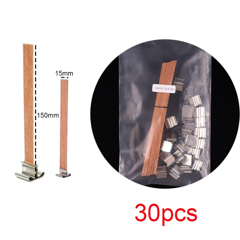 30pcs Natural Wooden Candle Wicks with Clips for DIY Handmade Smokeless Candle Crafting