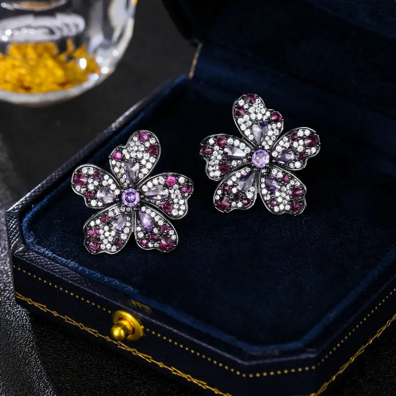 Mystical Vintage Statement Bloom Purple Orchid Flower Stud Earrings for Mothers’ Day Gift Jewelry