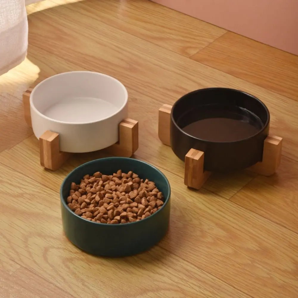 Large Caliber Ceramic Cat Bowl Anti-Overturn Cervical Spine Cat Water Food Bowl with Wooden Rack No Spill Slow Feeder Bowl