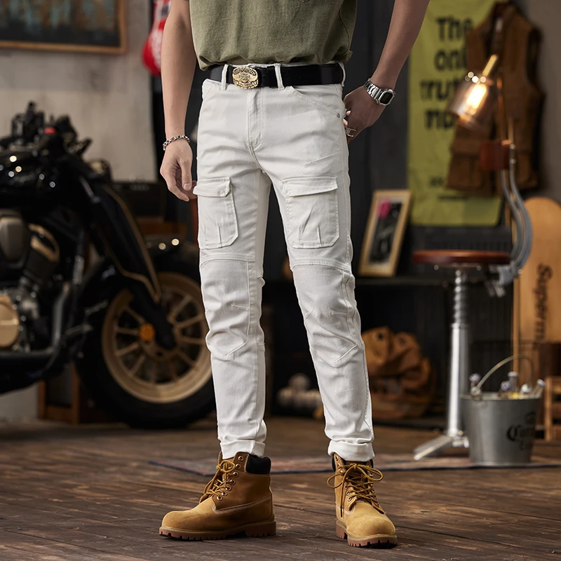 White Motorcycle Jeans Men's Fashion Brand Multi-Pocket Design Stretch Slim Fit Skinny Personality Smart Trousers