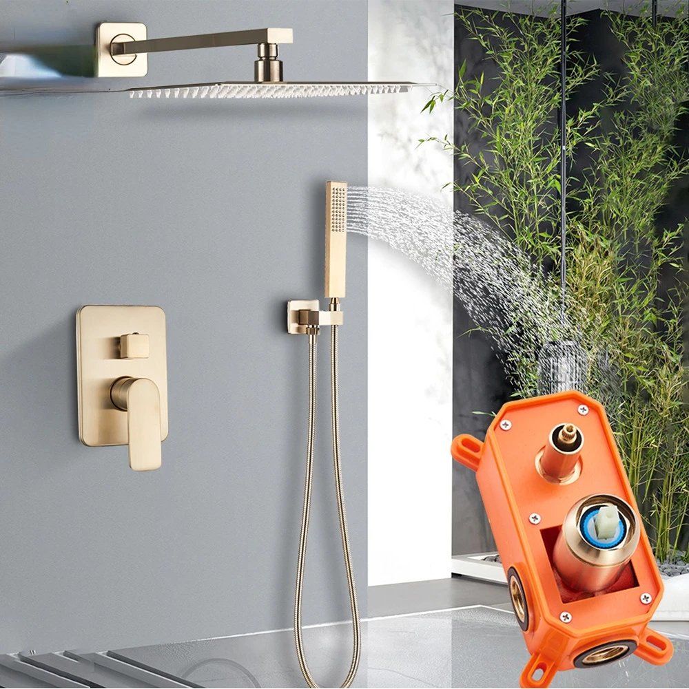 

Brushed Gold Bathroom Shower Set Rainfall Shower Head Single Handle Shower Faucet Wall Mounted Bath Shower Mixer Water Set