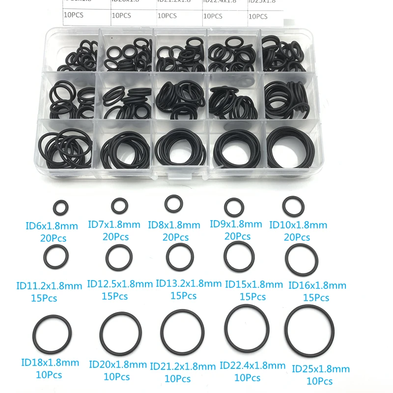 225pcs/Box Rubber O Ring Kit Sealing Gasket Thickness 1.8mm Assortment
