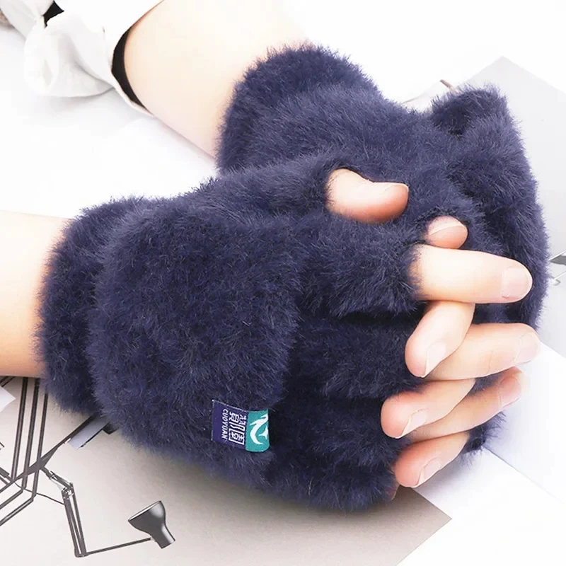 Plush Fingerless Gloves Female Winter Mitten Soft Warm Student Women Flip Gloves Outdoor Write Thickened Cold Protection