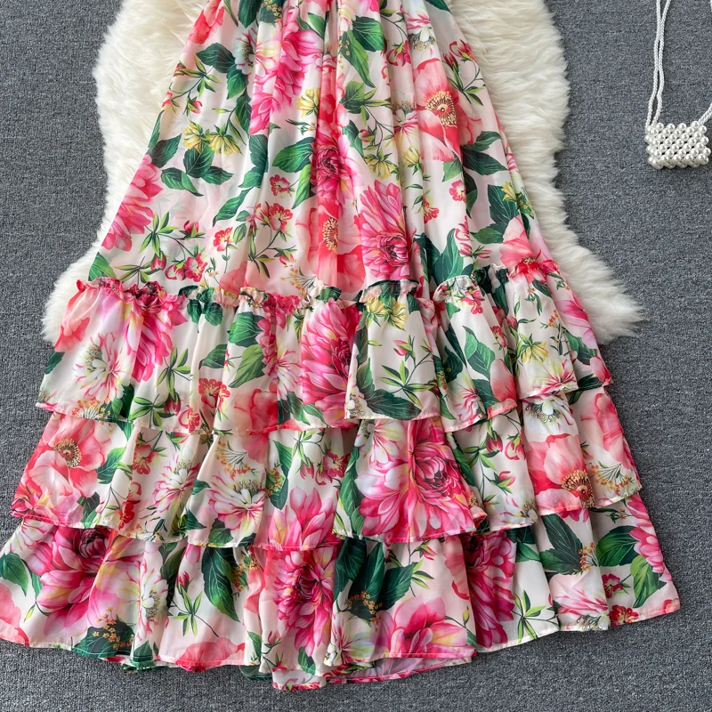 Elegant Party Dress Women Chiffon Printed Floral Long Dresses Ladies Short Sleeve Sexy V-neck Beach Maxi Dress Vestidos