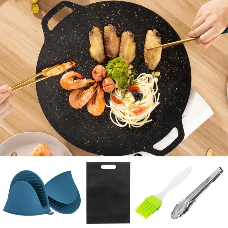 1PC New Round Iron Korean BBQ Grill Plates Barbecues Non-stick Cooking Pan  Holder Set