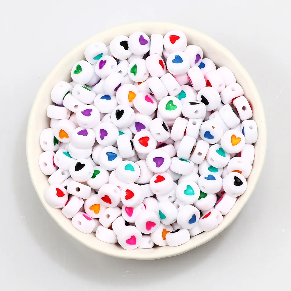 100Pcs 7mm White Multicolor Heart Pattern Acrylic Beads Flat Round Loose Spacer Beads For  Jewelry Making DIY Necklace Bracelet