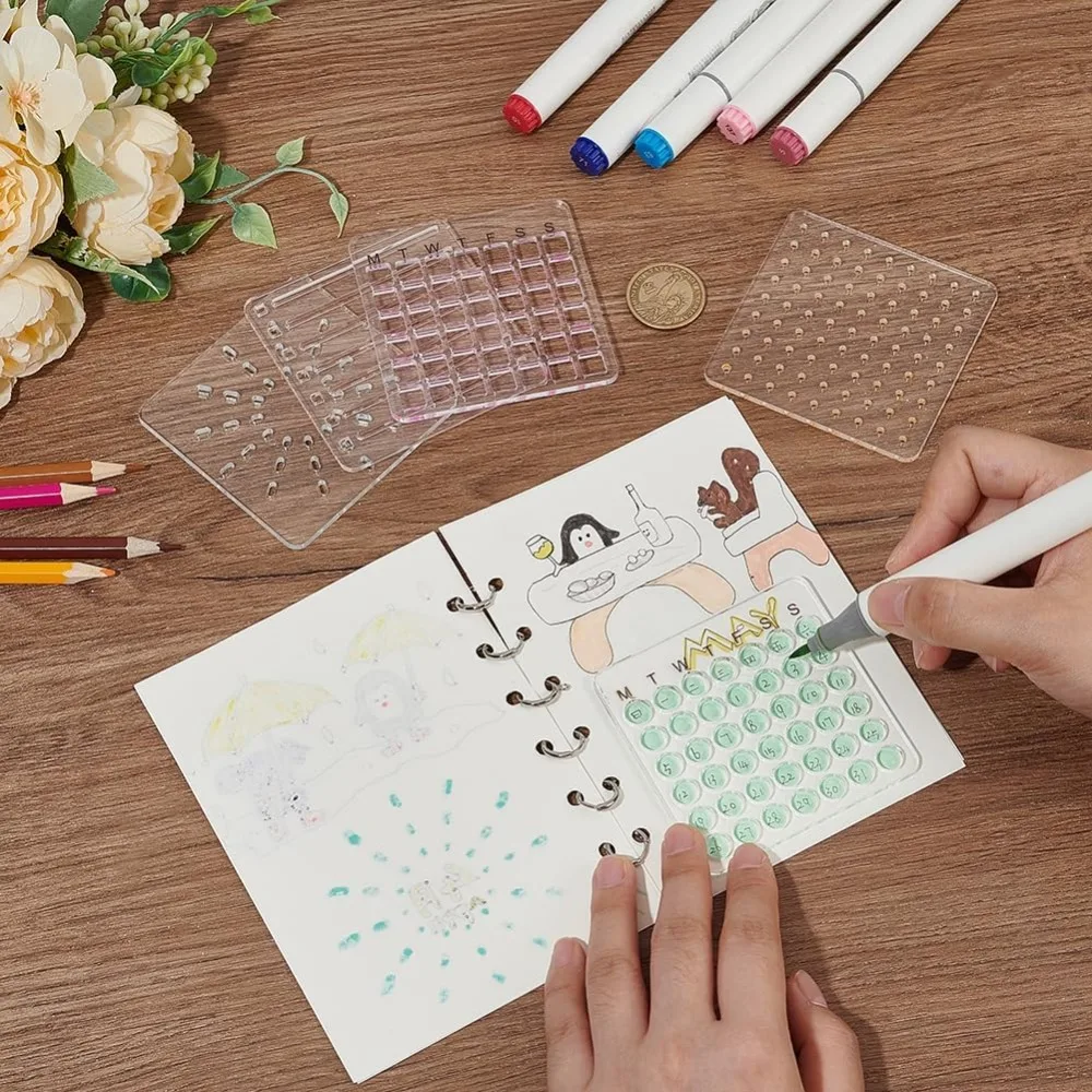5Pcs Acrylic Calendar Stencil Template, Journal Painting Stencils, Square Grid Round Grid Round Dot Reusable Stencils