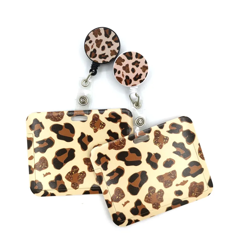 Classic Leopard Print ID Retractable Badge Holder Reel ID Badge Holder Clip Key Ring Name Card Keychain Nurse Work Decorations