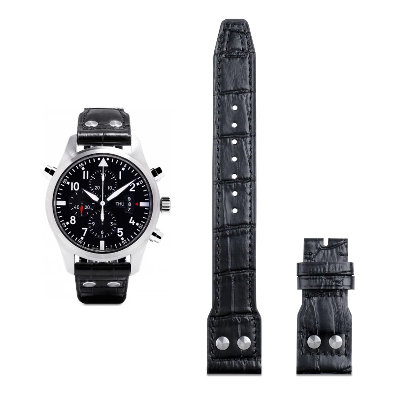 

21/22mm Black Italy Soft Bamboo Leather With Rivet Watchband For IWC Strap For PILOT PORTUGIESER Belt Stainless Fold Buckle