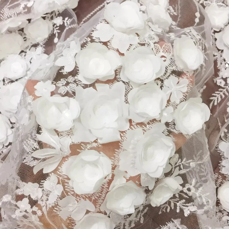 

Premium Lace Fabric with White 3D Roses and Sparkling Sequin Stripes for Bridal Accessories Designer Fabric