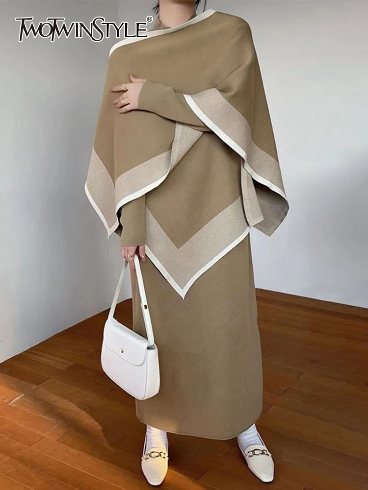 

TWOTWINSTYLE Winter Two Piece Sets For Women Hit Color Cape Turtleneck Long Sleeve Dress Temperament Set Female Fashion Clothes
