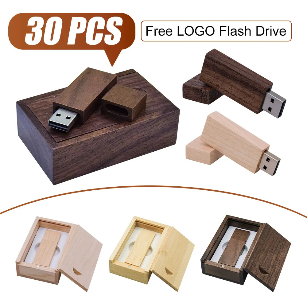 

30 pcs/lot USB 2.0 Flash Drives 128GB Wooden Box Memory Stick 64GB High Speed Pen Drive 32GB Free Logo USB Stick 16GB 8GB