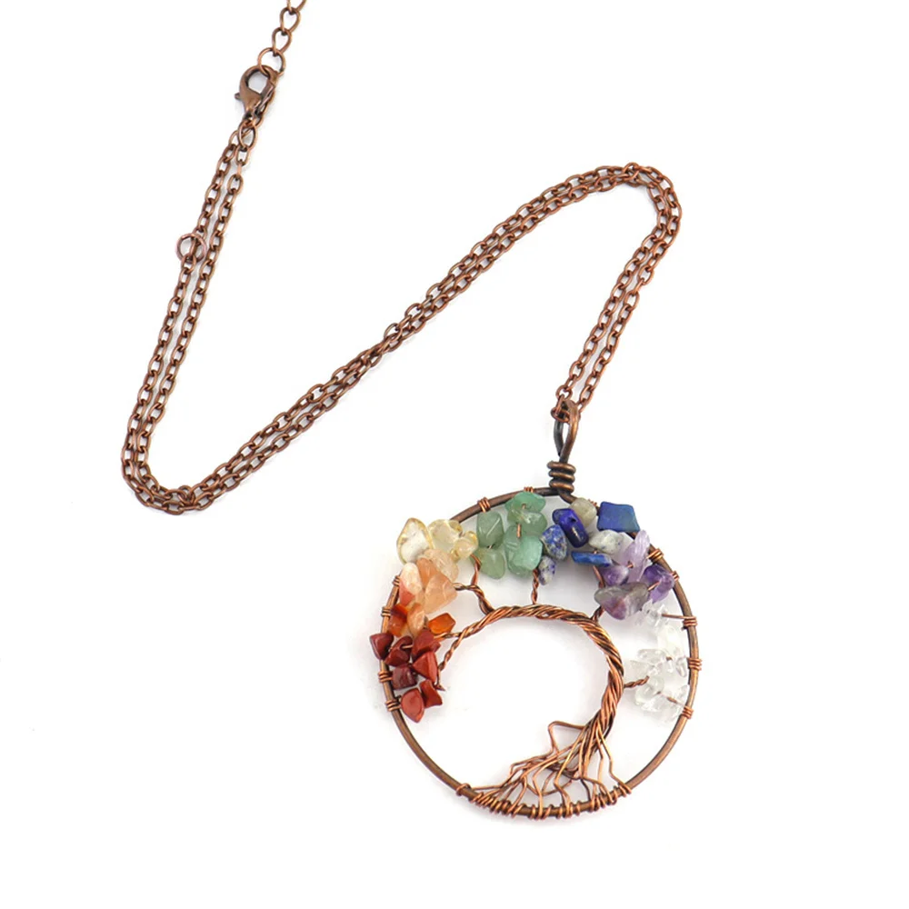 7 Chakra Natural Stones Tree of Life Pendant Handmade Crystal Copper Necklace Quartz Reiki Healing Charm Women Jewelry Gift