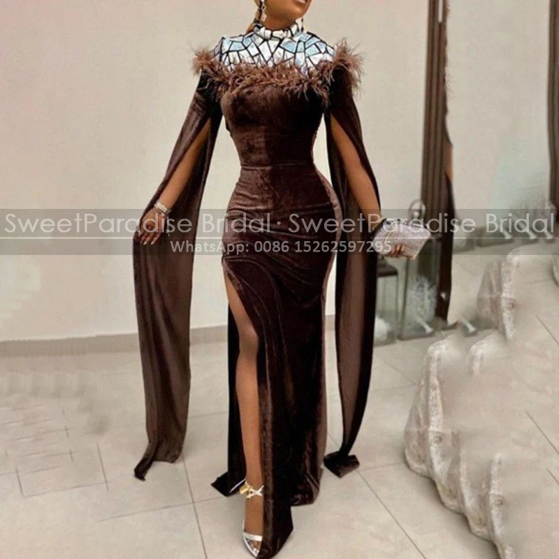 

Sequins Feather High Neck Evening Dress Elastic Velvet Mermaid Side Split Long Sheath Prom Dresses Party For Women