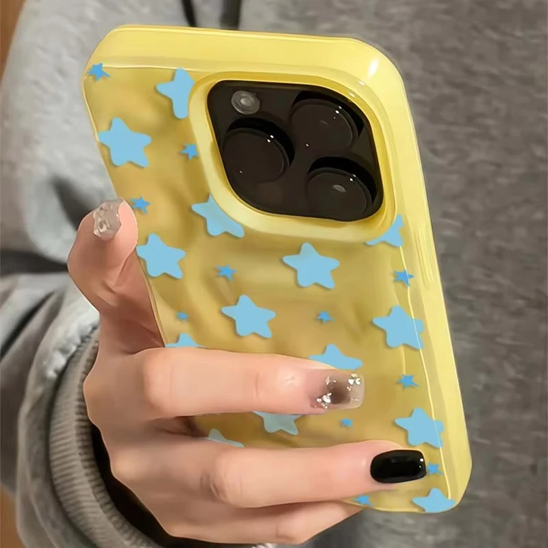 Korean-Inspired Wrinkled Yellow Stars Shockproof Phone Case with Textured Soft Back Cover
