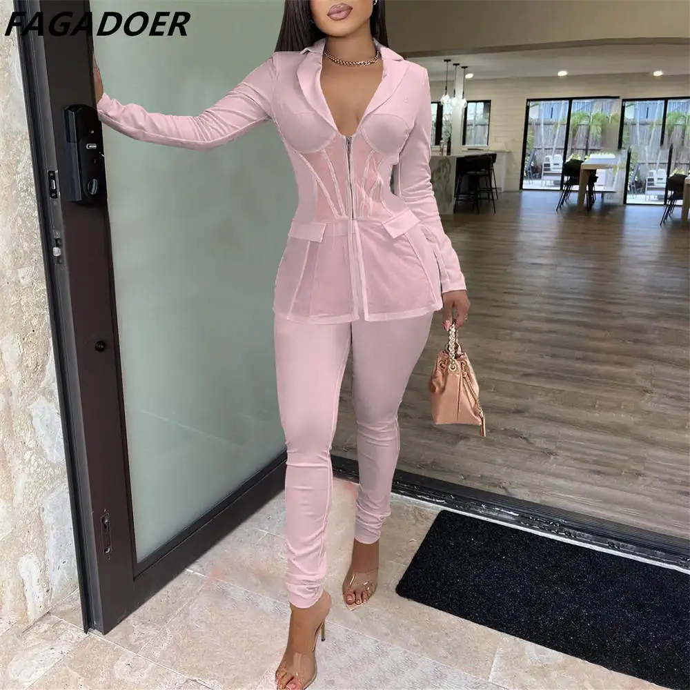 FAGADOER Elegant Office Lady Two Piece Sets Women Turndown Collar Zipper Coat And Pants Outfit Female Mesh Patchwork Solid Suits