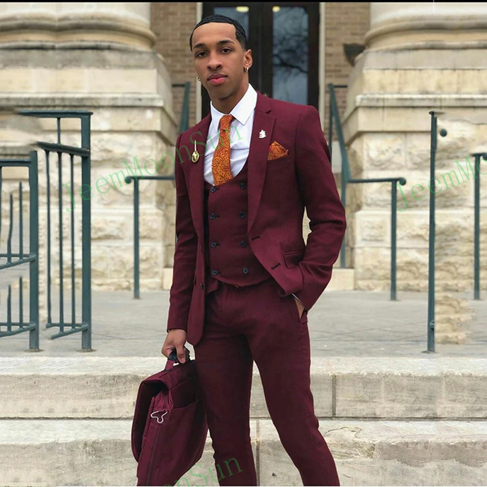 

Облегающий мужской костюм бордового цвета для выпускного вечера, свадебные костюмы для мужчин, смокинги, блейзеры из трех предметов, куртка, брюки и жилет, Terno