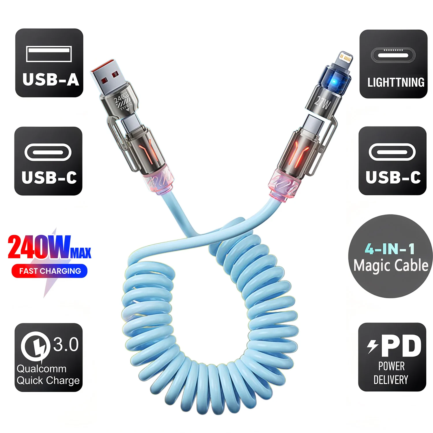 2M 4 in 1 PD 27W 240W 고속 충전 스프링 케이블 USB C타입 to C타입 및 라이트닝 데이터 케이블 아이폰 15 16 삼성용 ?
