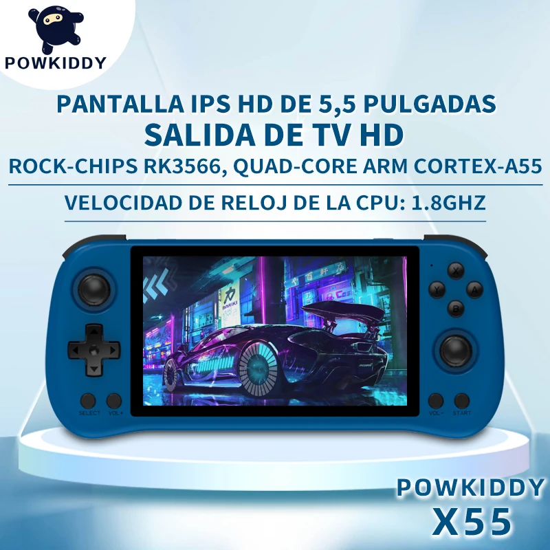 

POWKIDDY X55 handheld game console 60000 Games PSP 5.5 INCH IPS Screen Console Linux System 4000 MAh TV HDMI LPDDR4X 2GB