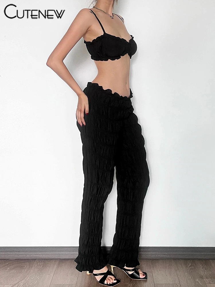 Shirring Trim Women 2 Piece Summer Unique Fashion Solid Crop Camisoles+Elastic Waist Pants Female Matching Sexy Clubwear