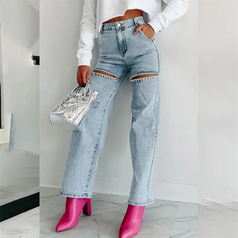 2024 Fashion Thigh Split Diamante Decoration Straight Jeans Women Casual Denim Trousers High Waist Pants Female Trend Streetwear 3