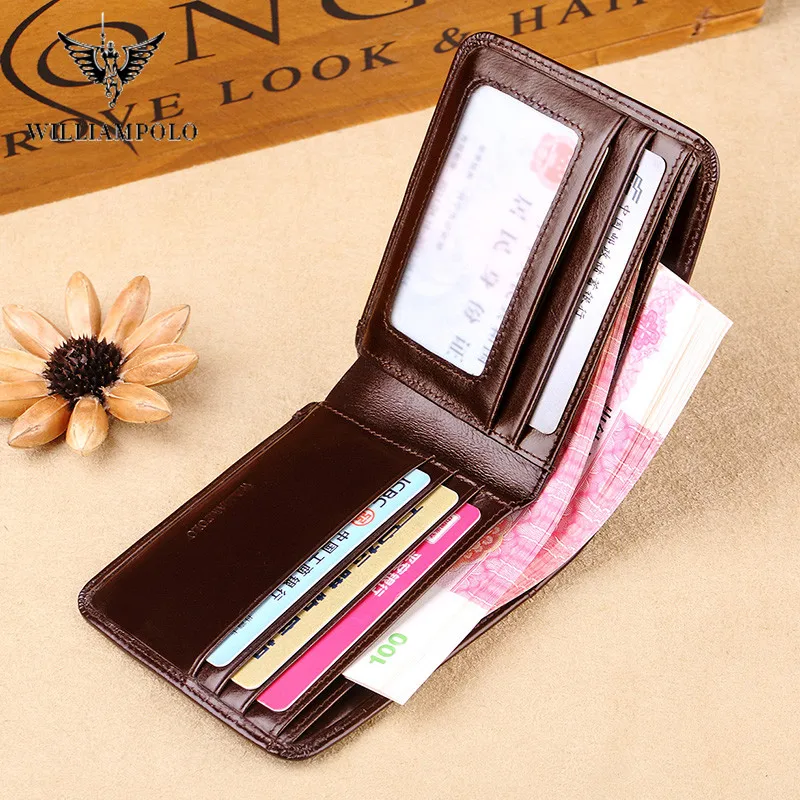 WILLIAMPOLO Genuine Leather Wallets Men Wallet Credit Business Card Holders Vintage Brown Leather Wallet Purses High Quality 3