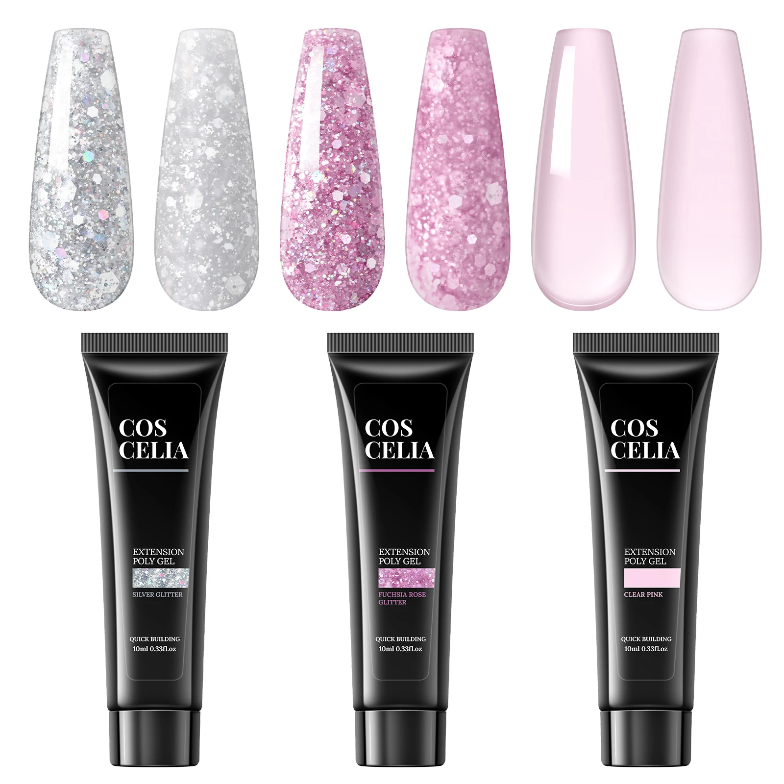 COSCELIA Poly Nail Gel Set 3 Colors 10ml Nail Extension Gel Quick Buildering Nails Gel Set White Pink Transparent Nude Glitter 3