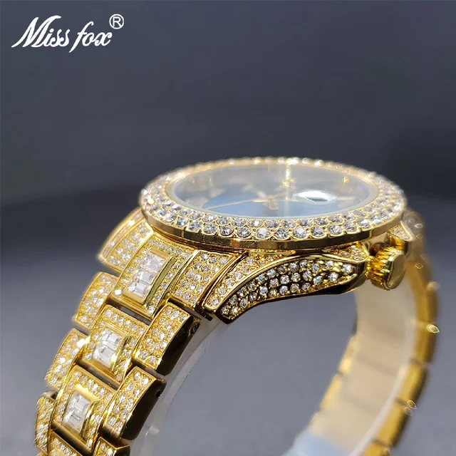 ????? ?? ?????? ?????  Gold Men's Watch Blue Dial Diamond Luxury Big Wrist Quartz Watches Bracelet Baguette Look Like Expensive 3