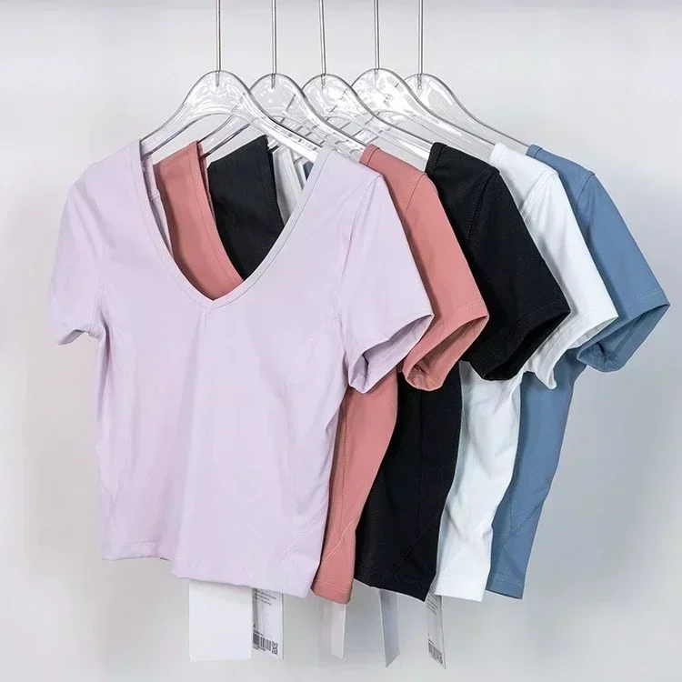 Lemon Align Women Fitness Sportswear Crop Tops Sexy Shirts Backless Sports Tops Gym Clothing Yoga Wear Shorts Sleeve for Summer