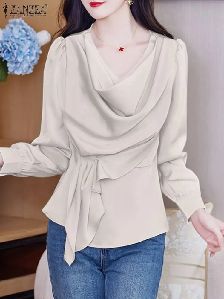 

Блузка ZANZEA Женская с длинным рукавом, Повседневная Свободная рубашка с поясом, элегантный офисный Топ, туника, весна-осень 2024