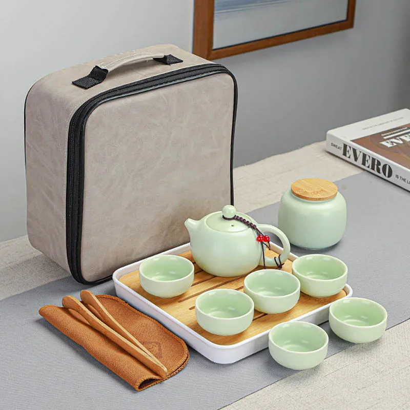 Traditional Chinese Enamel Tea Set Portable Ceramic Tea With 1 Teapot 6 Cup Tray Bag Lazy Susan Teaware Gift For Enthusiasts
