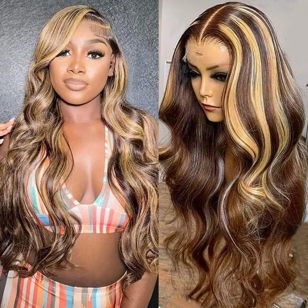 Human Hair 13x6 HD Lace Front Wig 4/27 Highlight Ombre Body Wave Lace Frontal Honey Blonde Ombre Lace Front Wig 1