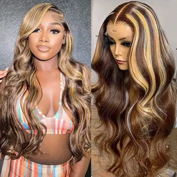 Human Hair 13x6 HD Lace Front Wig 4/27 Highlight Ombre Body Wave Lace Frontal Honey Blonde Ombre Lace Front Wig 1