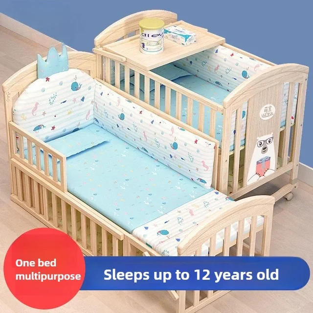 2025 New Height-adjustable Solid Wood Crib, Removable, with Diaper Changing Table and Mosquito Net, Multifunctional Crib 1